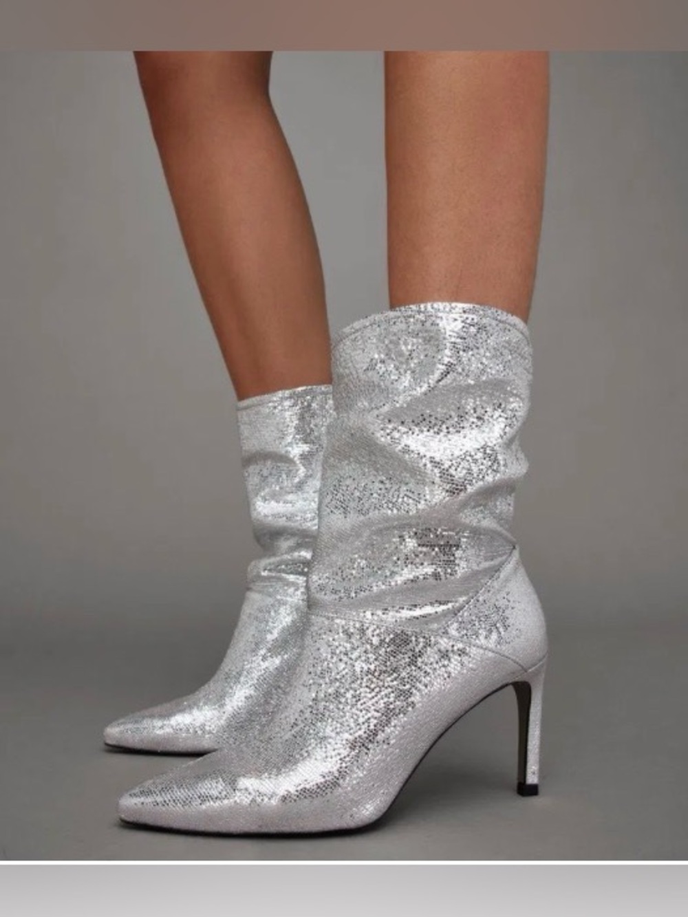 All Saints Silver Glitter Mid-Calf Heeled Boots